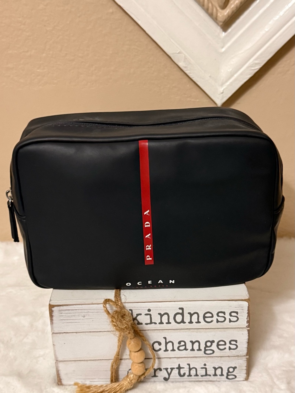 Prada beauty Bag with Red Center Stripe